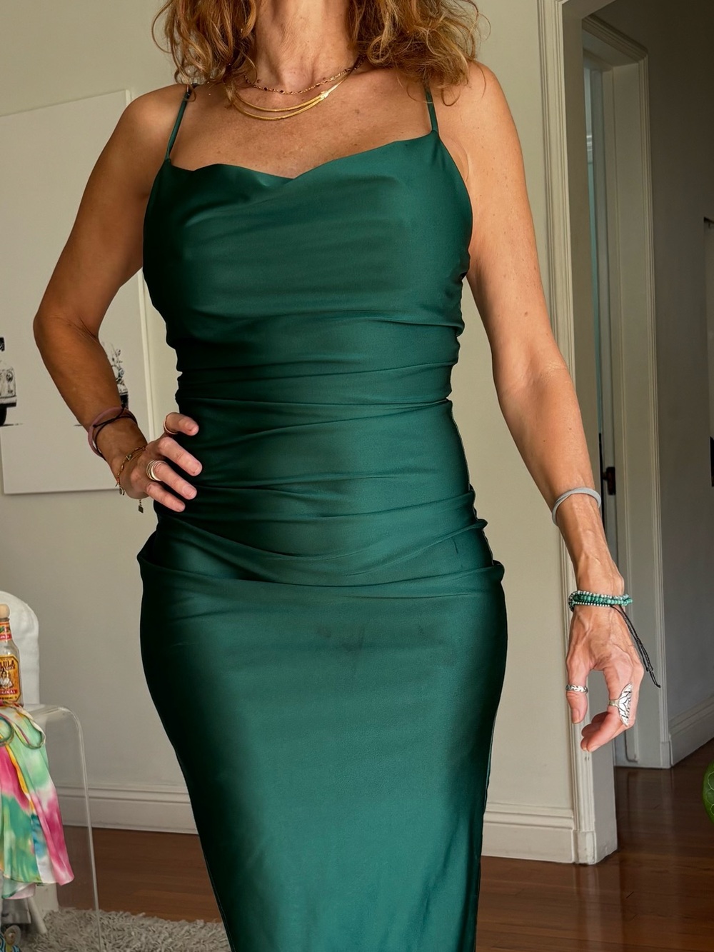 Women's Emerald Green Ruched Midi Dress